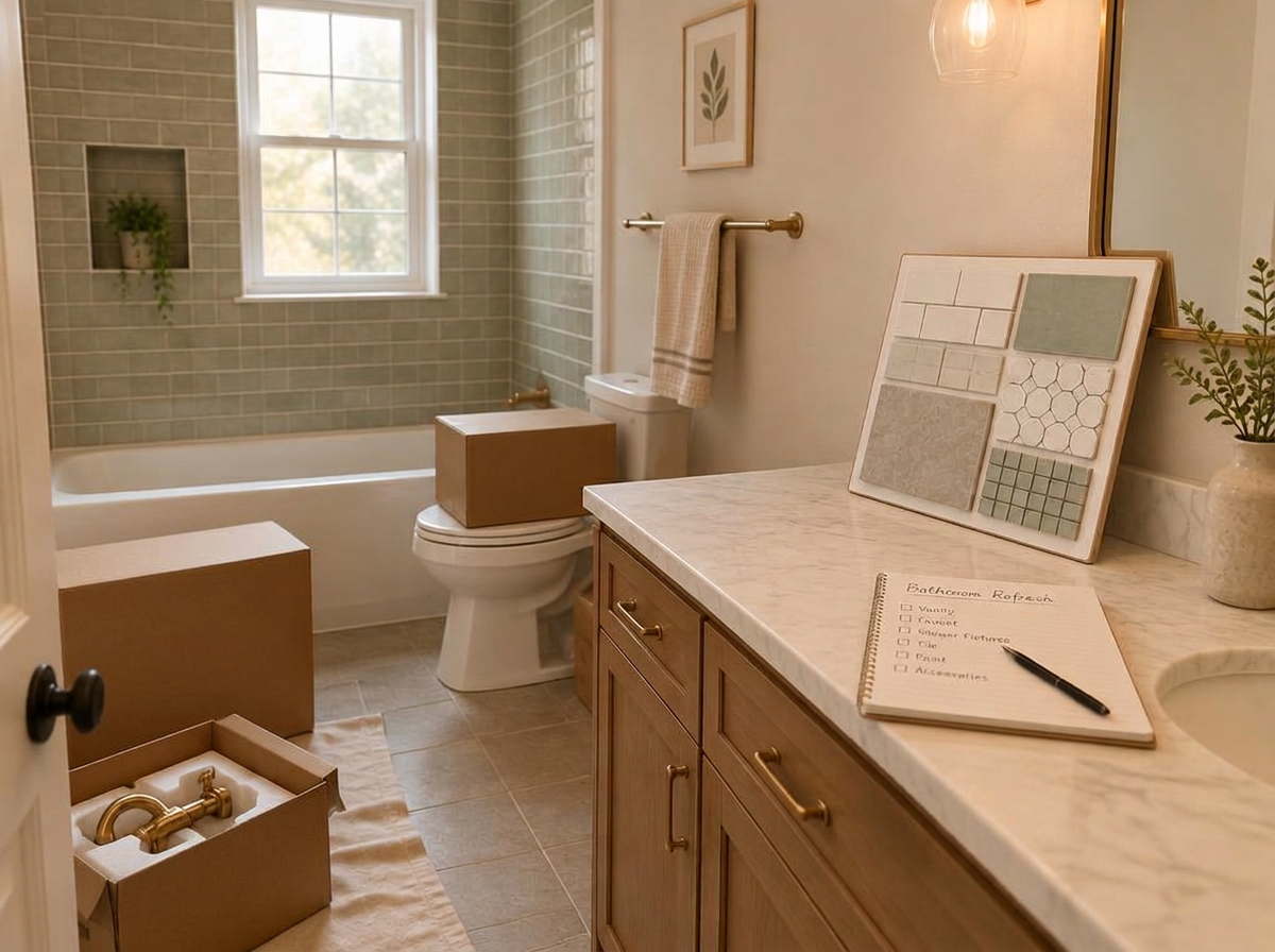Bathroom with tile samples and a refresh checklist
