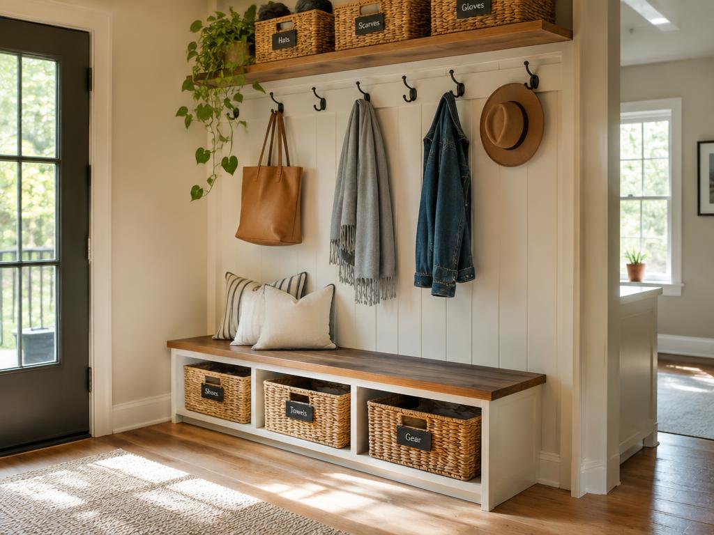 Organized entryway bench with labeled baskets