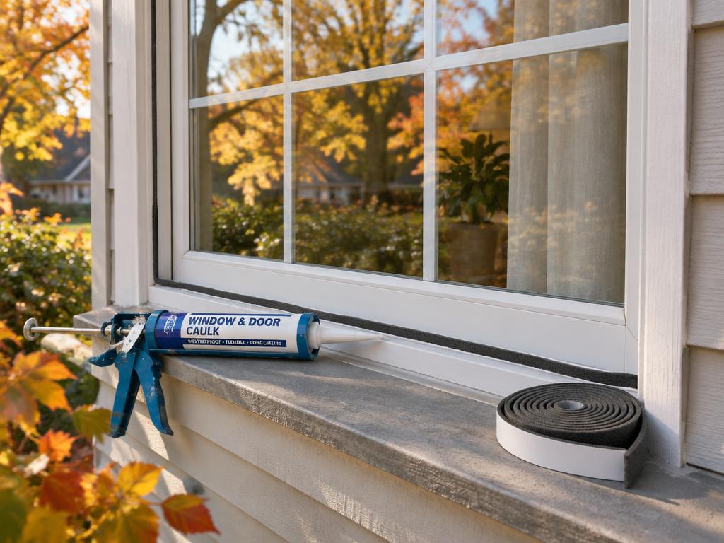 Caulk and weatherstrip roll on a window sill in autumn