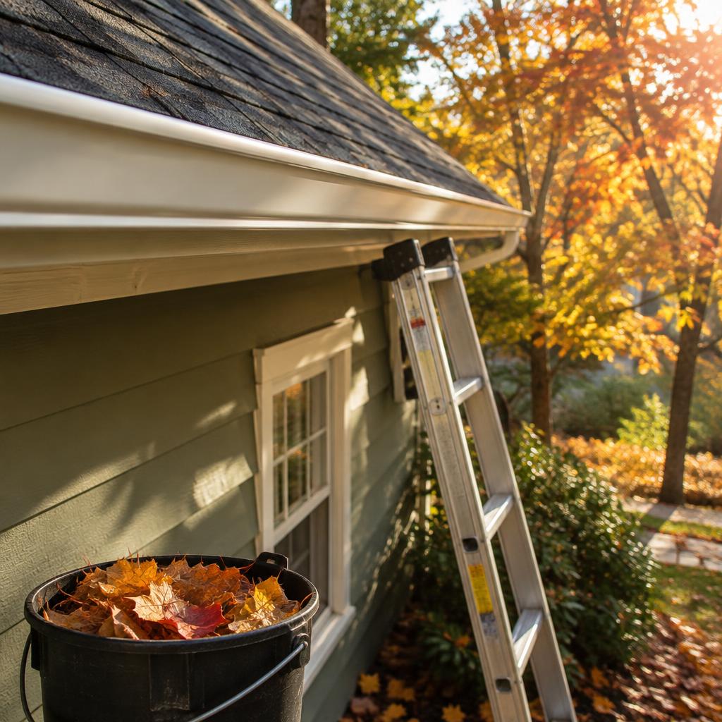 Ladder against a clean gutter in autumn
