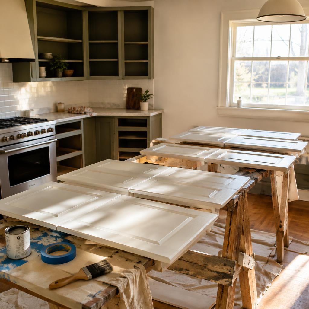 Cabinet doors drying on sawhorses