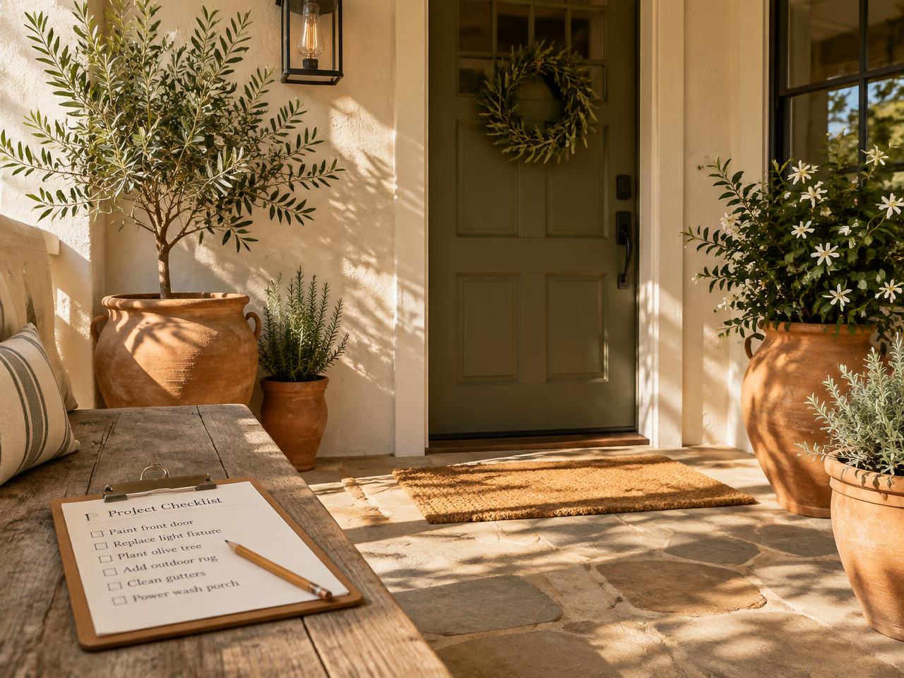 Sunlit porch with a project checklist
