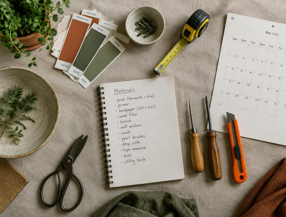 Paint swatches, tape measure, and a materials notebook