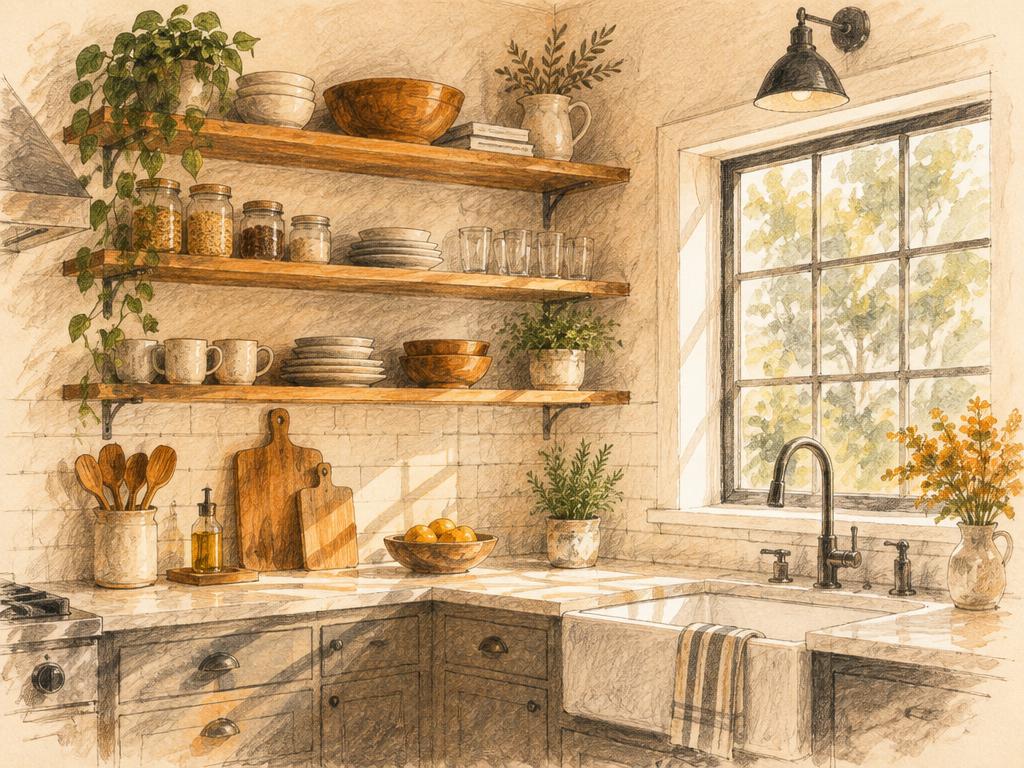 Sketch illustration: Kitchen shelves